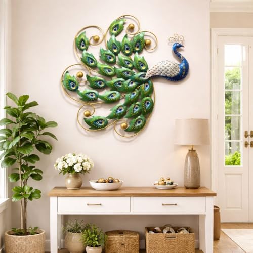 Image of SHREE 'O' GREEN TECH Metal Modern Handcrafted Peacock Leaf Wall Art | Multicolor Big Wall Hanging Decor Frame for Living Room Bedroom Office (Size 30x30 Inch)