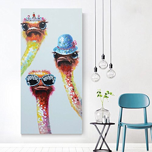 Hand Painted 3 Ostriches Paintings Lovely Canvas Animal Paintings Funny Ostrich Wall Decor Pictures Modern Canvas Wall Art Home Decor for Living Room Office Bedroom Ready to Hang 20