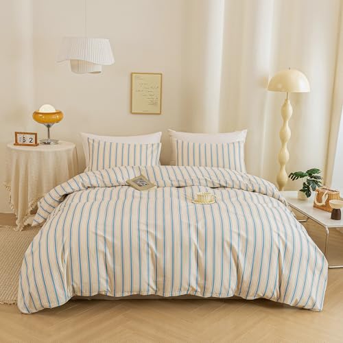 Image of ECOCOTT Striped Duvet Cover King Size, 100% Washed Cotton Linen Feel Bedding Set, Blue Brown Pinstripe Comforter Cover with Zipper Closure & Corner Ties