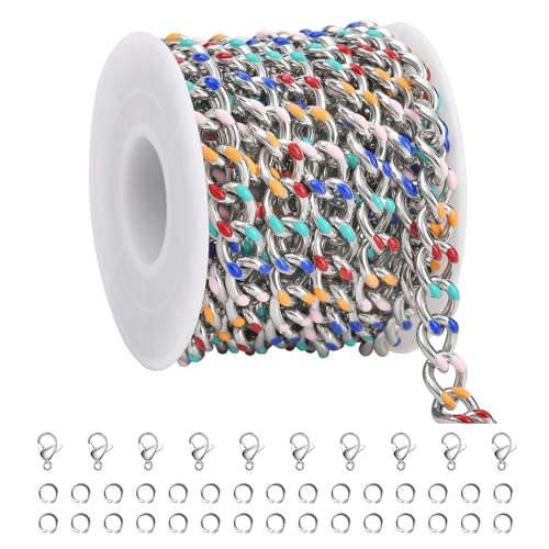 SMYHTGLIF 9.8 Feet Mixed Color Oil Drip Chain for Jewelry Making Silver Stainless Steel Curb Cuban Chain Roll Enamel Cable Chain Jewelry Findings