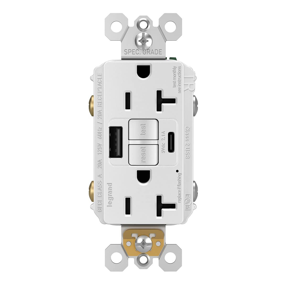 Legrand Radiant 2097TRUSBACW 15 Amp GFCI Self Test Tamper Resistant Decorator Duplex Outlet with USB Type A and C, White (1 Count)