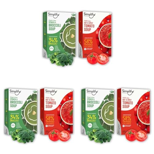 Image of Simplify Tomato Soup and Spinach & Broccoli Soup - Pack of 6 (Serves 5 to 6) I Each Makes 500ml | 0% Additives and Preservatives