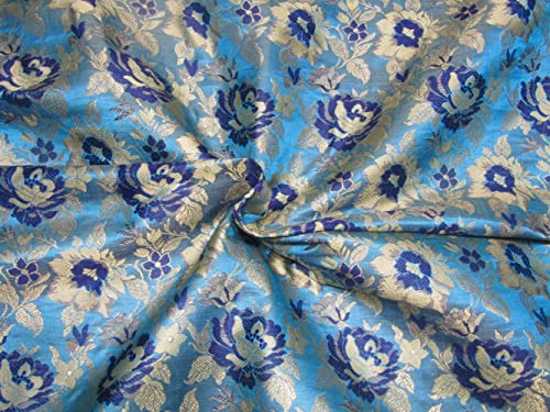 Tissu brocart de soie bleu océan et doré métallisé haut de gamme de 111 cm