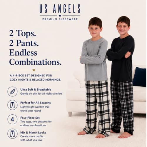 Image of US Angels Boys Pajamas Set | 4-Piece Long Sleeve & Fleece Pants | Soft Warm Sleepwear Pjs for Kids & Teens