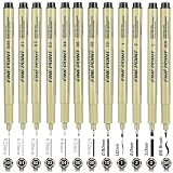 HUJUGAKO Schwarze Mikrostifte, Micro-Stifte, Fineliner, Tintenstift, wasserfest, Archiv-Tintenstifte für Künstler, Illustrationen, Skizzieren, technisches Zeichnen, Scrapbooking, 12 Stück