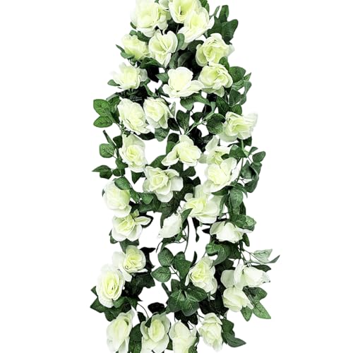 LILOCOO 2pcs Artificial Rose Vine Fake Flower Garland Outdoor White