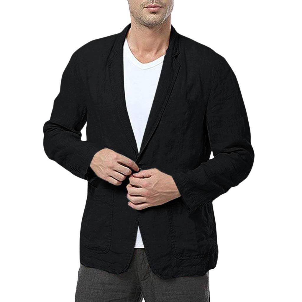 WUAI-MenCasual Suit Jackets Lightweight Linen Tailored Blazer One Button Business Sport Coat Outwear Tops