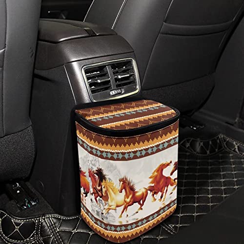 Image of Talayituse Aztec Horse Print Car Trash Can with Adjustable Straps, Southwest American Tribal Car Trash Bag Bin Car Garbage Bag Multipurpose Storage Box for Vehicle Travel Camping Picnicing