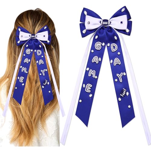 Game Day Hair Bows Accessories for Women Football Bows Jeweled Large Hair Ribbon Bow Clips Blue Spirit Day Accessories Game Day Outfits Sports Team Spirit Football Mom Accessories Gifts (Pattern D1)