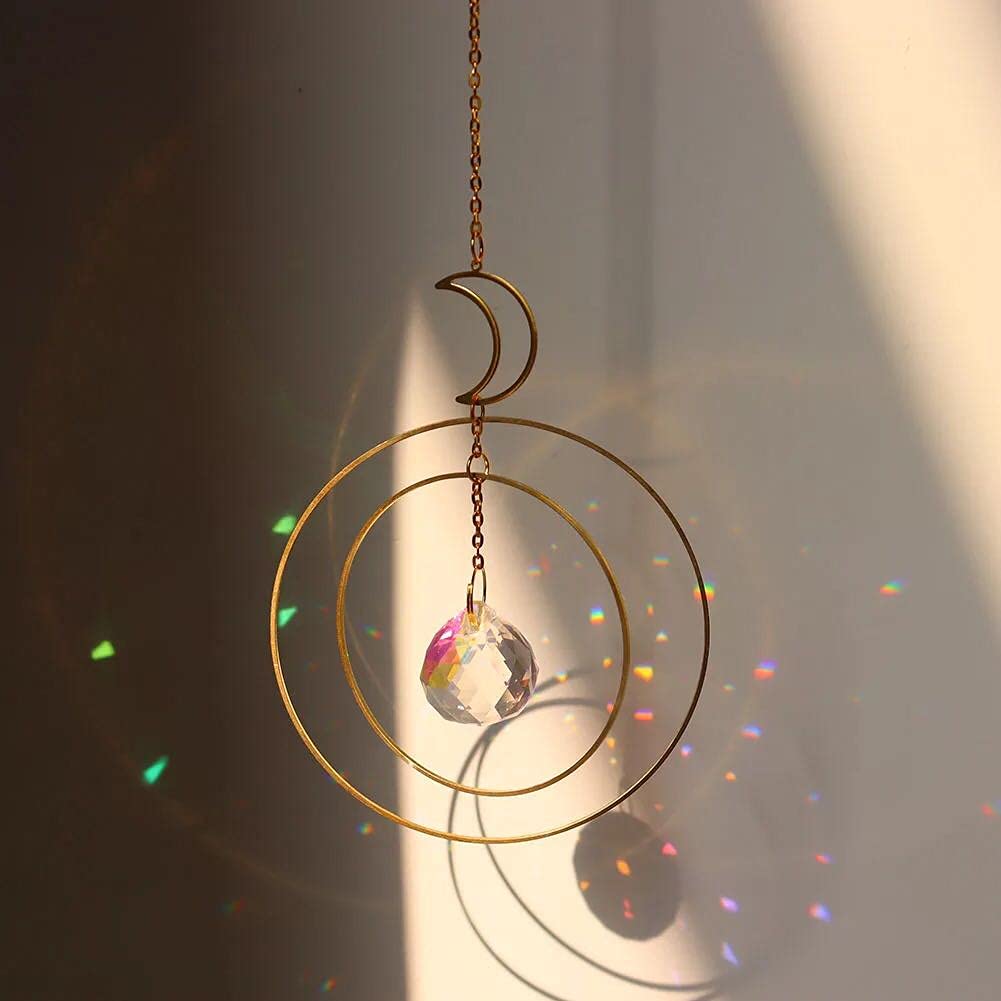 Suncatcher Gold with Crystals, Moon Celestial Themed, Light Reflection Crystals, Drop Gold Chain Design, Moon & Stars (Moon Spherical)