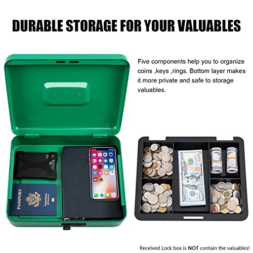 Image of KYODOLED Metal Cash Box with Combination Lock Money Box for Cash Safe Metal Box with Money Tray for Security Lock Box 11.81 inchx 9.45 inchx 3.54 inch Green X Large