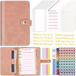 Uquelic Budget Binder Planner - A6 PU Ring Binder Savings Wallet, 12Pcs 6-Holes Punched Binder Pockets - Saving Cash Envelopes with Zipper, Expense Budget Sheets & Various Budget Stickers (Pink)