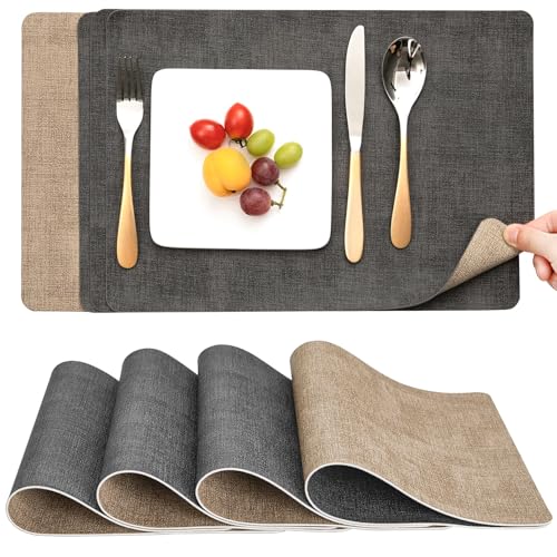 Myir JUN Tovagliette Americane lavabili, Tovaglietta Americana Bifacciale Antiscivolo Impermeabile Tovagliette Colazione Plastica Facile Pulire Tovagliette Americana (Set di 4, grigio/giallo)