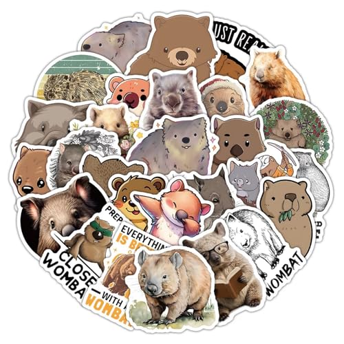 50 Stück Wombat Aufkleber Pack Beutelbären Sticker Set Wasserdichte Vinyl Sticker für Laptop Kinder Autos Motorrad Fahrrad Skateboard Gepäck Koffer Computer Aufkleber Graffiti Decal