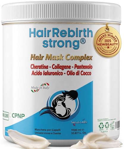 HAIR MASK COMPLEX * HAIR REBIRTH STRONG * 1000 ML * Maschera Anticaduta e Ricrescita con: Cheratina - Collagene - Acido Ialuronico - Pantenolo - Olio di Cocco * Premio NewBeauty 2025 * Registrata CPNP