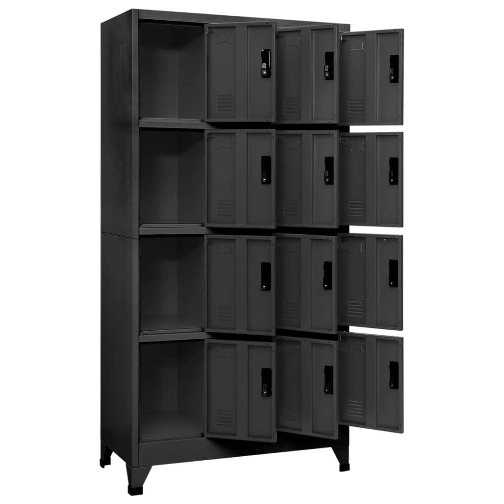 Armario de acero antracita con 12 puertas con cierre, 90 x 45 x 180 cm, soporte para placa de nombre, rejillas de ventilación, capacidad de carga total de 180 kg, ideal para oficina, escuela
