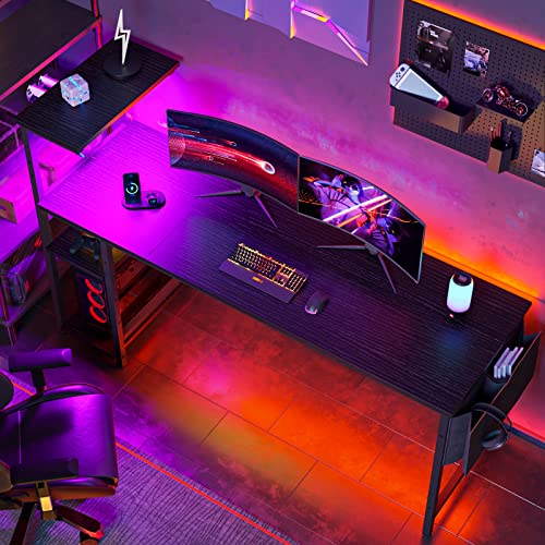 Bestier Gaming Desk With Shelves, Large Pc Gaming Table With Led Lights, 61 Inch Led Desk With 4 Tiers Reversible Storage Shelves And Side Storage Bag For Bedroom & Game Room (Black Grained) #TOP1