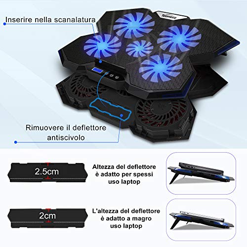 TopMate C7 Pad di raffreddamento per laptop fino a 17,3 pollici Dispositivo di raffreddamento per laptop da gioco | 5 ventole silenziose con luci a led blu 2 porte USB | Design con finiture blu oceano