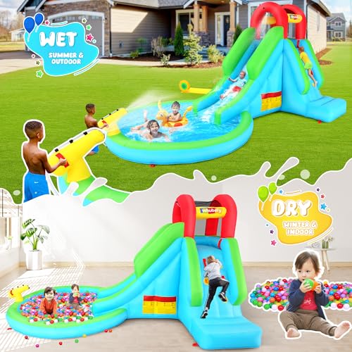 Inflatable Water Slide with Blower, 13x8.3x7.1 FT Blow Up Water Slide for Kids, 5-in-1 Compact WaterPark w/Long Slide, Water Cannon, Climbing Wall & Splash Pool for Backyard Outdoor Fun - Thumbnail 5