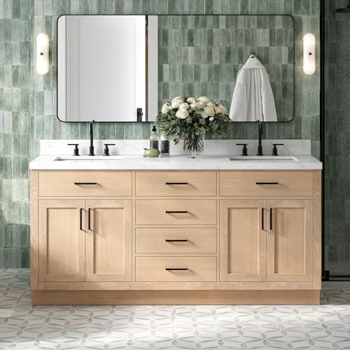 DKB Isabella 72-Inch Oak Double Bathroom Vanity, 1.5-Inch Carrara White Quartz Countertop & 4" Backsplash, Rectangle Sinks, 4 Soft Closing Doors, 6 Dovetail Drawers, Matte Black Hardware