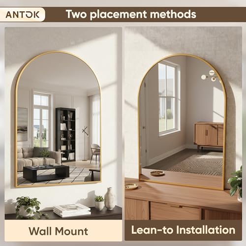 Image of Antok Arched Bathroom Mirror, 30 inchx40 inch Wall Mounted Mirror, Vanity Mirrors for Over Sink, Aluminum Alloy Frame Bathroom Mirrors Living Room, Bedroom and Entryway, Gold