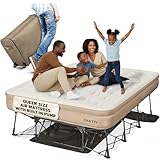 Oaktiv Queen Air Mattress with Frame, Self Inflating/Deflating Blow Up Bed for Adults - PeakRest Camping Cot with Mattress - Portable Queen Size with Travel Rolling Case on Wheels