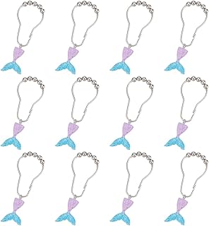 12 Pcs Mermaid Decorative Shower Curtain Hooks, 2 Colors Ocean Shower Hooks Metal Shower Curtain Rings Curtain Hooks with Resin Pendants Decorative Hooks for Bathroom Curtain Rod Decor