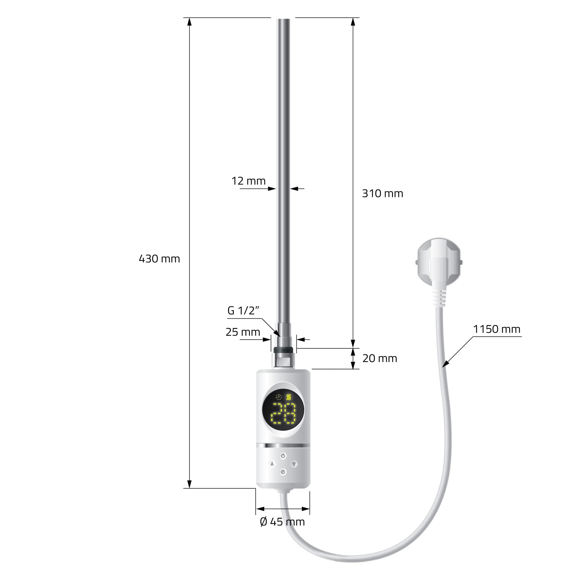 LuxeBath Radiador Eléctrico Iron EM 500 x 1000 mm Blanco, Estufa Toallera Vertical con Elemento Calefactor 300W Termostato de Pantalla Digital, Calentador de Pared de Diseño Moderno para Baño