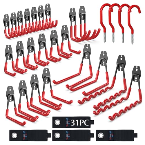 3-H Heavy Duty Garage Wall Hooks 31 Pack, Anti-Slip PVC Coating Wall Mount Storage Hooks, Heavy Load...