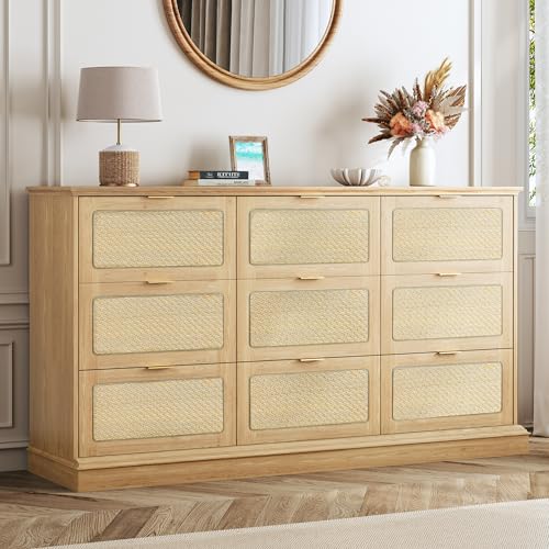 Image of HUAHUU 9 Drawer Dresser for Bedroom, 60 Inch Long Dressers & Rattan Chest of Drawers, Large TV Stand for 55, 65, 70 Inch TV, Boho Style, Modern Dresser for, Living Room, Entryway, Bedroom, Natural Oak