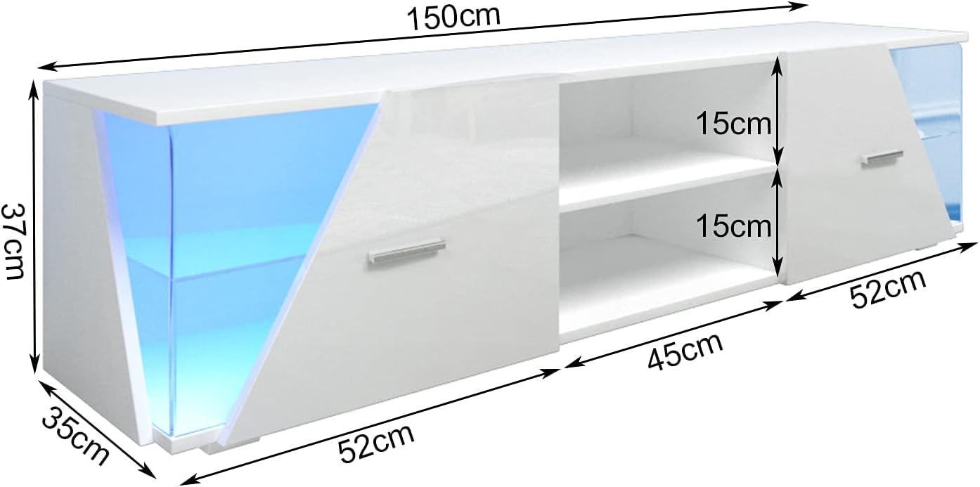 Dripex Meuble TV Bas Blanc Brillant avec éclairage LED 150 x 37 x 35 cm