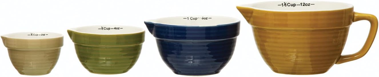 Creative Co-Op Stoneware Batter Bowl, 4 Colors, Set of 4 Measuring Cups, 6" L x 5" W x 3" H, Multicolor
