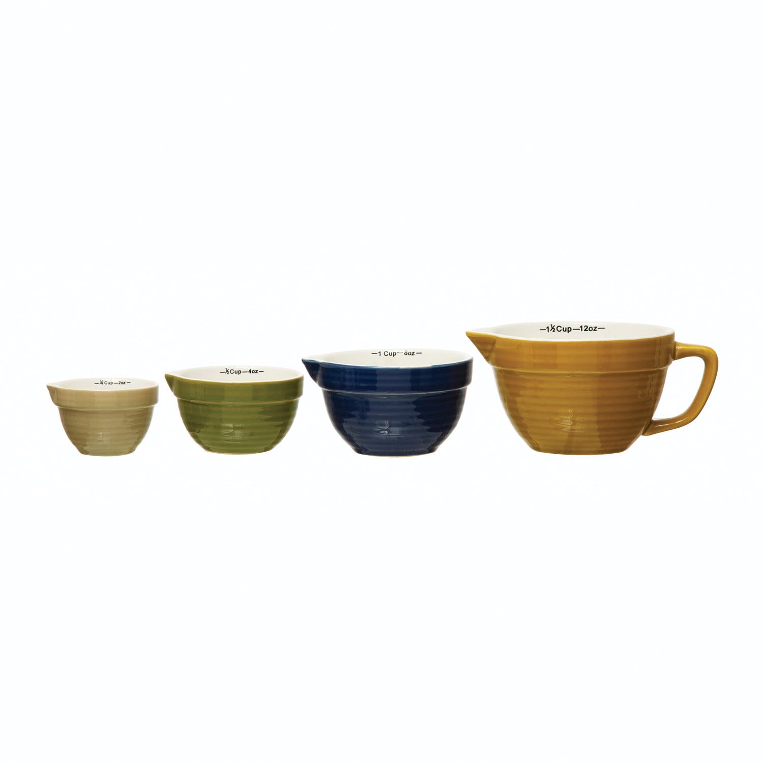 Creative Co-Op Stoneware Batter , 4 Colors, Set of 4 Measuring Cups, 6" L x 5" W x 3" H, Multicolor