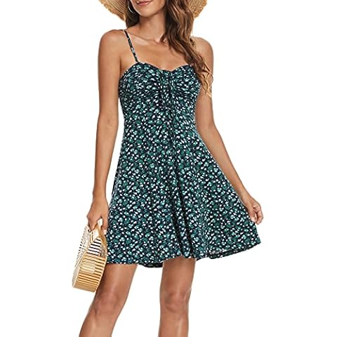 Missufe Spaghetti Strap Floral Mini Dress Women's Casual Ruched Front Drawstring Swing Sundress (Navy Blue, X-Large) Cover