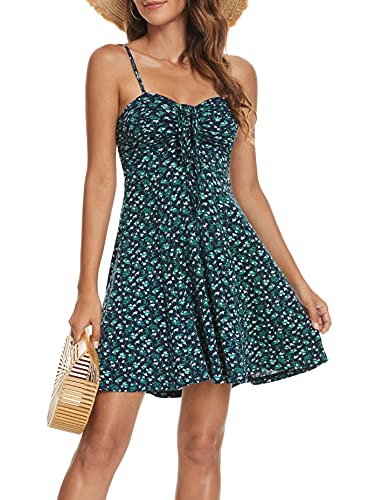 Image of Missufe Spaghetti Strap Floral Mini Dress Women's Casual Ruched Front Drawstring Swing Sundress