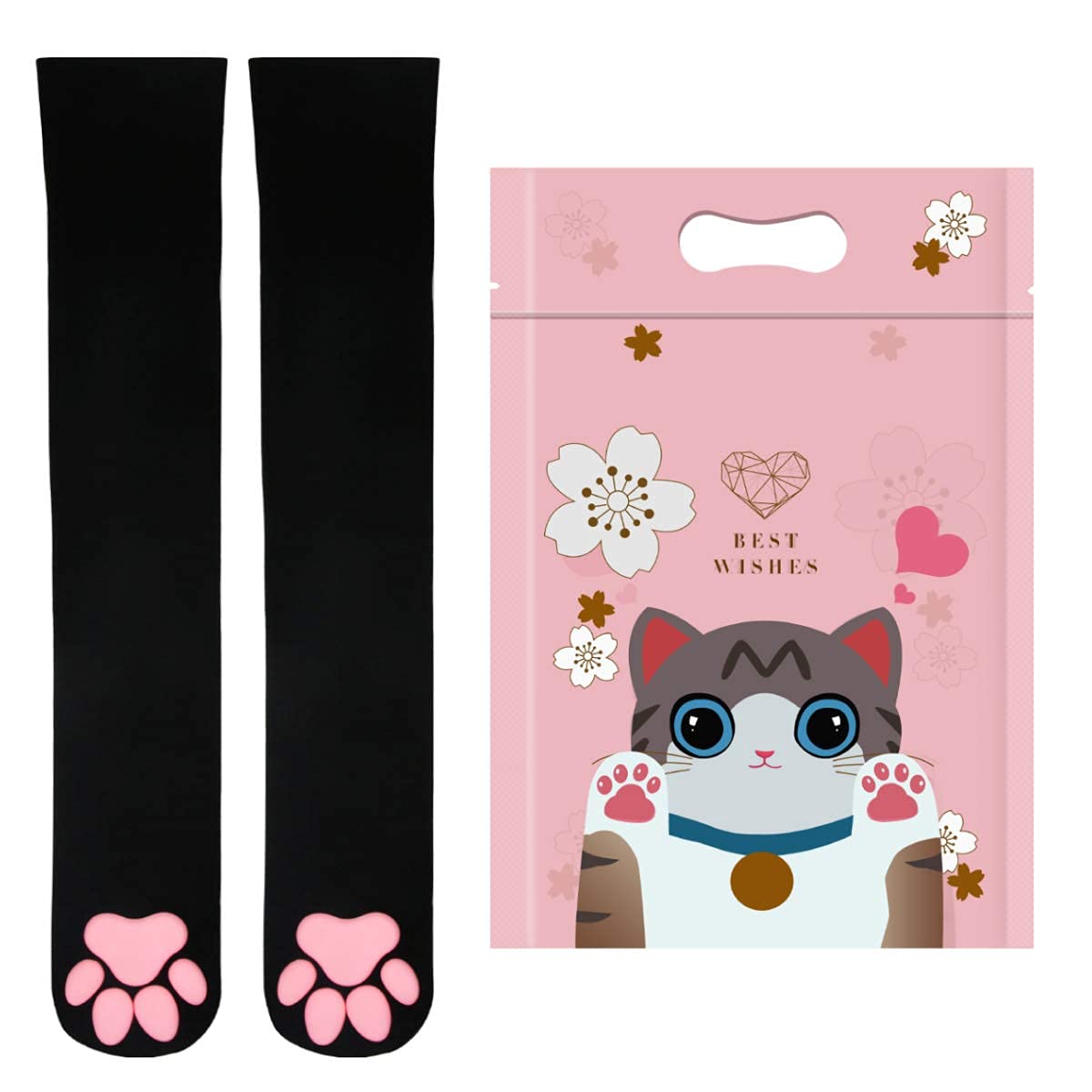 Thigh High Socks, JJLEAF Pink Thigh High Socks Cute Cat Paw Pad Socks for Girls Women 3D Kitten Claw Stockings Lolita Cat Cosplay, Black - 