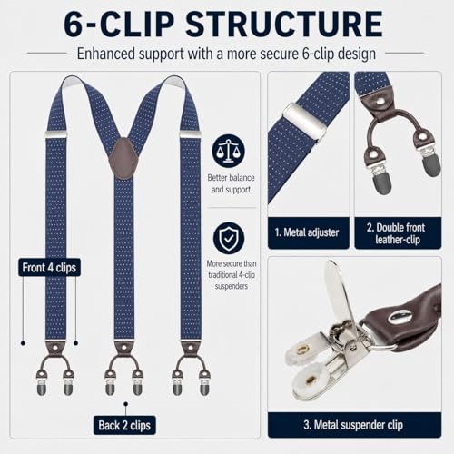 Image of Men's Heavy Duty Y-Back Suspenders, 6 Strong Metal Clips Adjustable Elastic Straps for Work, Tuxedos, and Daily Wear