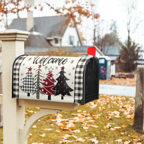 Image of Miaoquhe Christmas Buffalo Plaid Mailbox Covers Magnetic Standard Size 21 inchx18 inch Winter Welcome Tree Mailbox Wraps Xtmas Snowflakes Post Letter Box for Holiday Outdoor Decoration