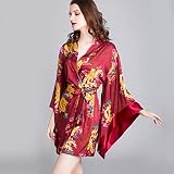 ZSMLB Robe de Chambre de Nuit pour Femme, Robe Kimono en Satin de Soie, col en V, imprimé Dragon, Peignoir Court avec Ceinture, vêtements de Nuit pour Demoiselle d'honneur mariée, fête de Mariage