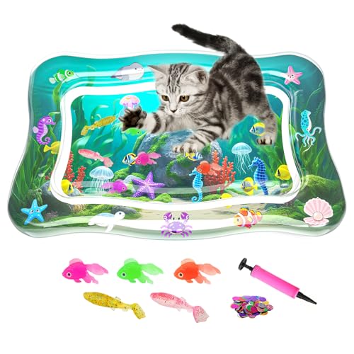 Interactive Cat Toy for indoor Cats, Upgraded Cat Water Mat, 0.7mm Thickened Anti-Scratch Water Sensory Play Mat with Fish, Enrichment Stimulating Toy for Bored Adult Kitten Cats to Exercise, Hunting
