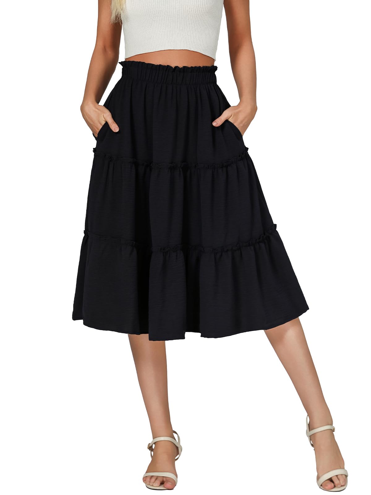 Berydress Midi Skirt for Women with Pockets 2025 High Waist A Line Casual Summer Boho Flowy Tiered Ruffle
