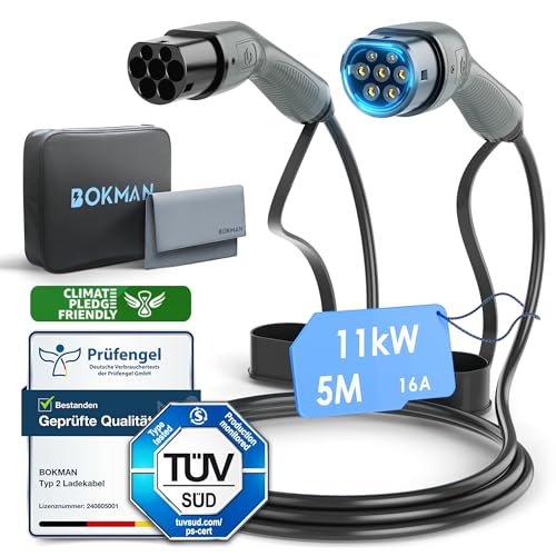 bokman Typ 2 Ladekabel, Modus 3 / 16A / 11 kW / 3-Phasig / 5 Meter, Typ 2 auf Typ 2 EV Ladekabel für Elektroauto mit Tragetasche und Mikrofasertuch