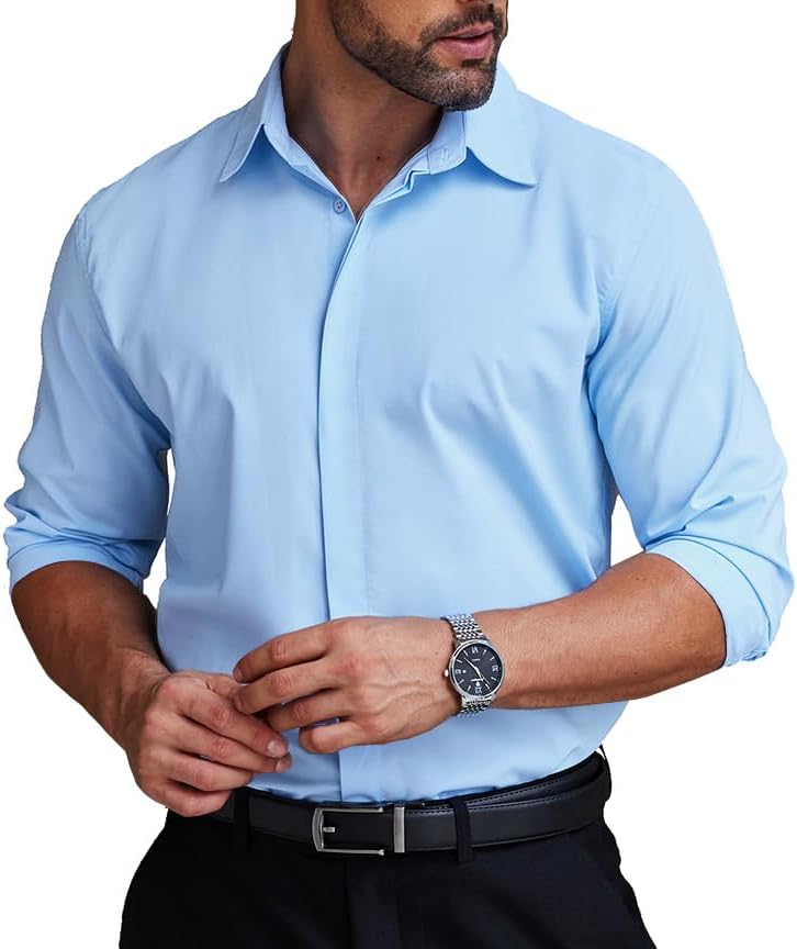 COOFANDY Men's Formal Dress Shirt Hidden Button Front Wrinkle Free Shirt Regular Fit Stretch Business Casual Shirts