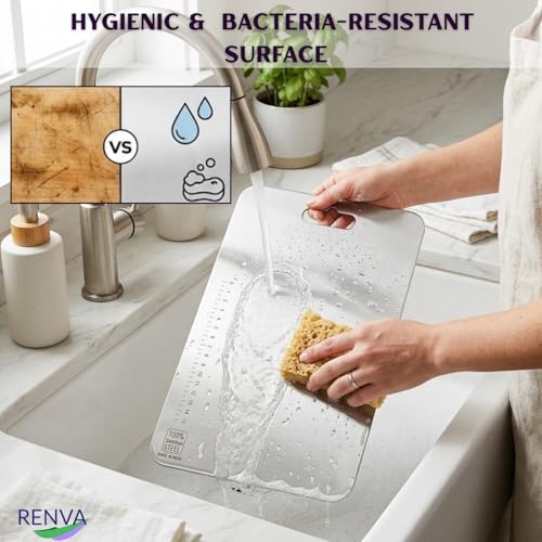 Image of RENVA Stainless Steel Cutting Boards for Kitchen, Double Sided Food-Grade 304 Chopping Board for Meat, Fruit & Vegetable, Rust Resistant Hangable Cutting Board(36x25 cm Silver)