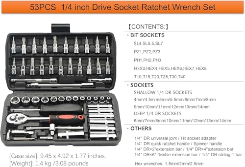 Image of KBZONE Socket Wrench Set, 53PCS 1 /4 Inch Ratcheting Wrench Set And Extension Bar Gimbal Slide Bar Extension Sockets, Set For Automotive Repair And Home Use (Black)