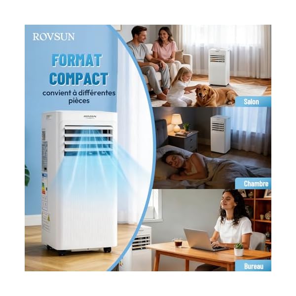 ROVSUN Climatiseur Mobile 7000 BTU 4 en 1 – Rafraîchissement, Ventilation, Déshumidification, Mode nuit Silencieux [Classe énergétique A]