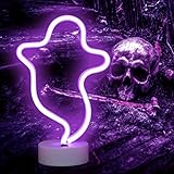 Ghost Neon Signs Halloween Lights, LED Signs Ghost Shape Spooky Neon Lights for Christmas, Wall, Party, Bedroom Decor-Ghost with Holder Base(Purple)