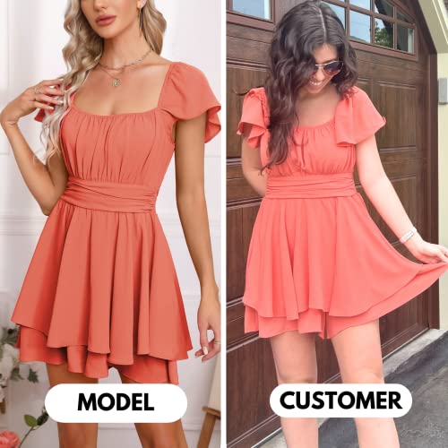 Exlura Women's 2023 Summer Ruffle Short Sleeve Tie Back Rompers Square Neck A-Line Flowy Wide Leg Cute Dressy Mini Jumpsuits #TOP2