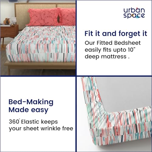 Image of Urban Space Divine 144 TC 100% Cotton Printed Fitted Bedsheet King Size with 2 Pillow Covers, Size 78 inch x 72 inch, Stripes Pink