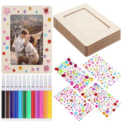 Qaestuan 8 Pcs Cadres Photo en Bois, 15x20cm DIY Cadre Photo en Bois Vierge, avec paillettes autocollants, Pinceau de couleur, pour Enfant Créatif Projet de Dessin,...